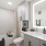 Stylish bathroom with light gray cabinets, backlit mirror, and white countertop